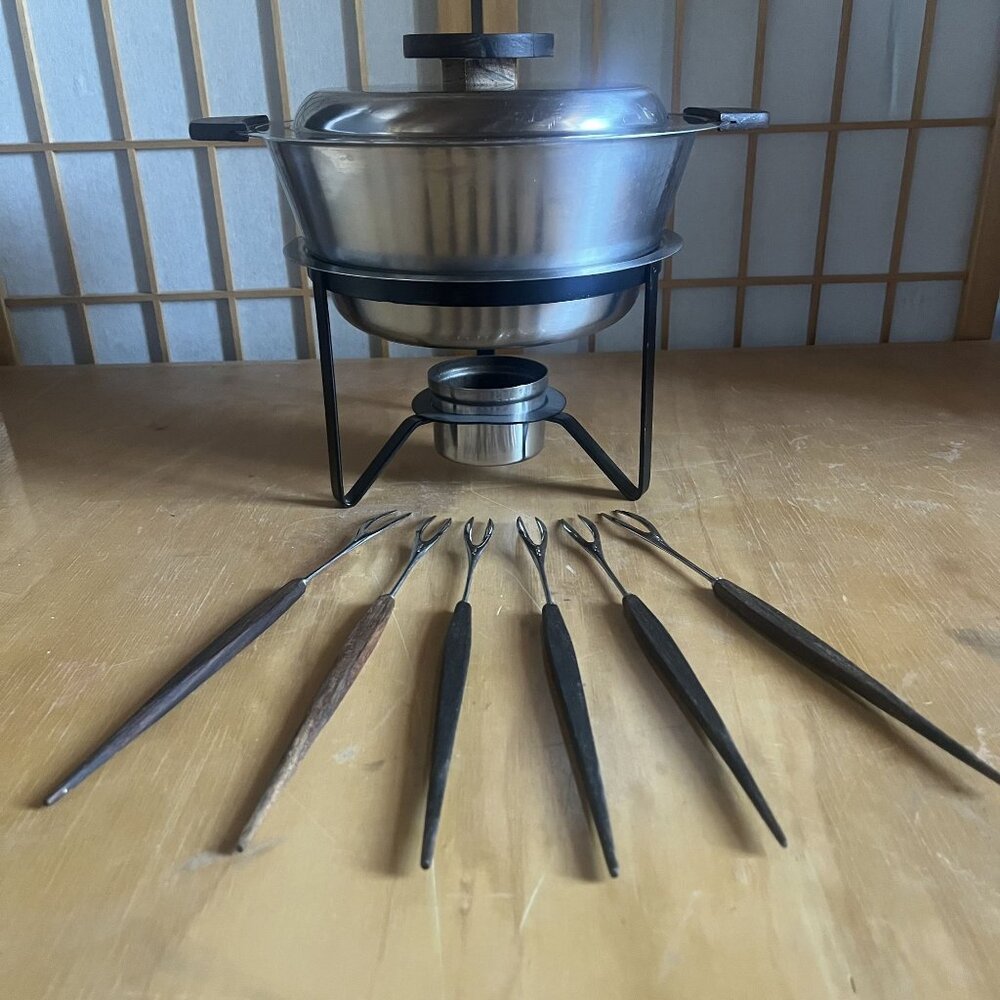 Mid-Century Danish Chafing Dish With Stand & Teak Handles Fondue